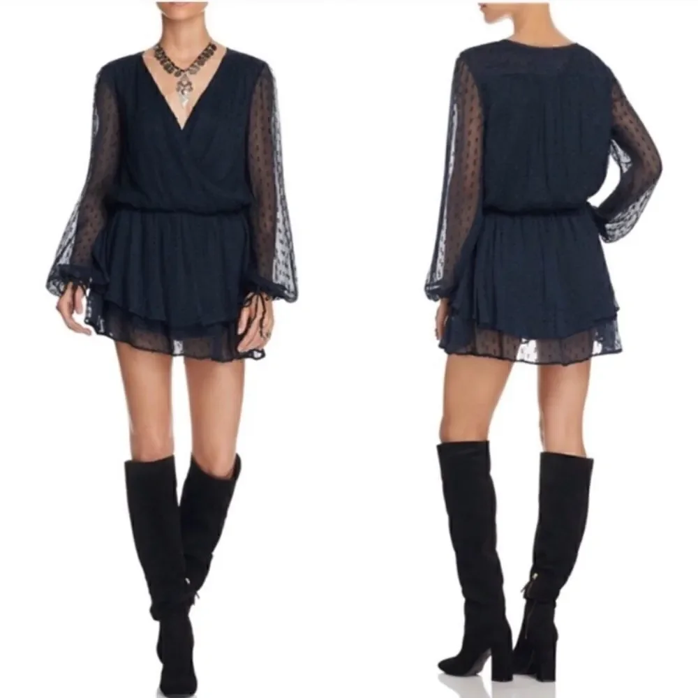 Free People Daliah Mini Blue Dress Long Sleeve Deep Blouse Size XS